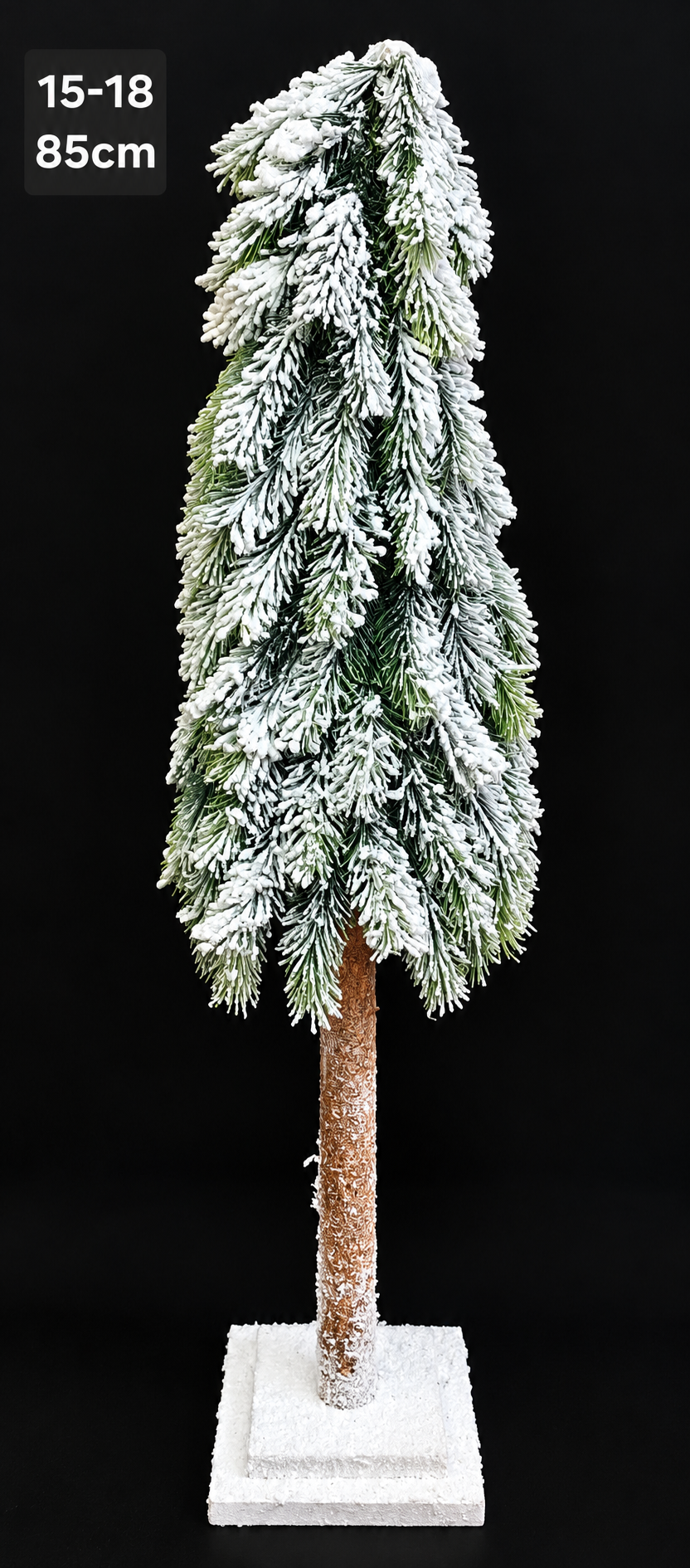 Brad artificial de Crăciun înzăpezit, cu trunchi din lemn natural și bază decorativă din lemn - 85cm
